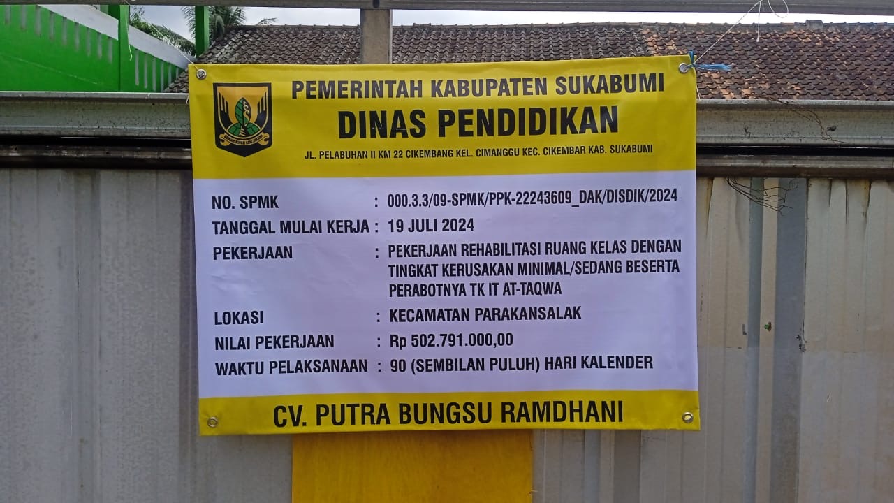 Sebuah Pekerjaan Rehab Sekolah TK At-Taqwa di Kecamatan Parakansalak Diduga Tidak Maksimalkan kualitas Bahan Materialnya