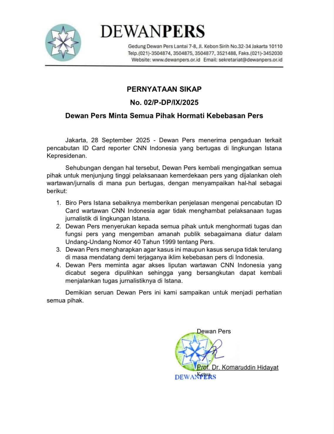 PWI Pusat Terkait Pencabutan Kartu Liputan Istana Wartawan CNN Indonesia