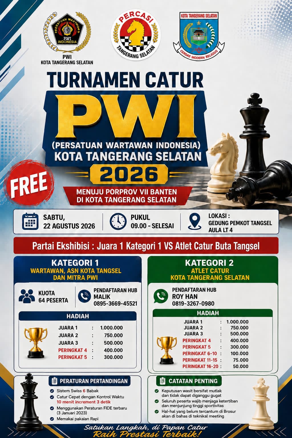 Menyambut Porprov 2026, PWI Tangsel dan Percasi Gelar Turnamen Catur